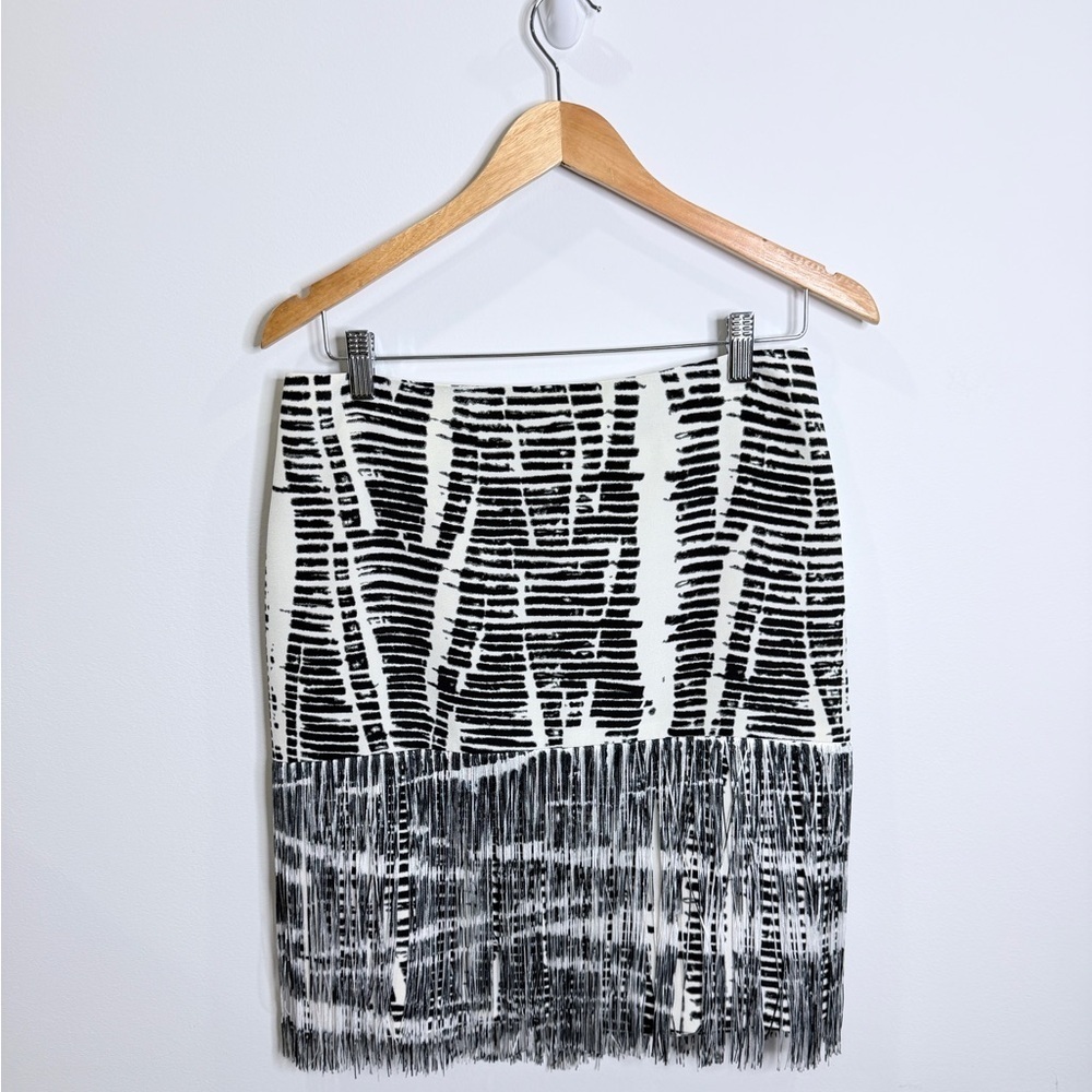 Per Se Black & White Fringe 100% Silk Skirt
